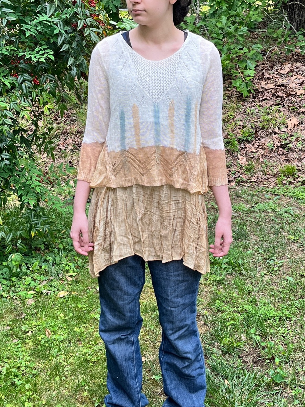 Layered Cream Tunic Sweater with Tan Hem and Soft Blue Stripes